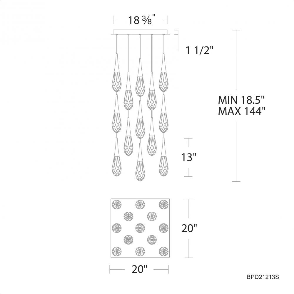 Hibiscus 13 Light 120-277V Multi-Light Pendant (Square Canopy) in Black with Clear Optic Crystal