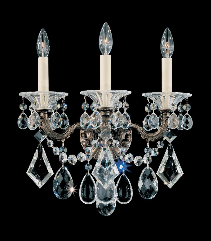 La Scala 3 Light 120V Wall Sconce in Antique Silver with Heritage Handcut Crystal