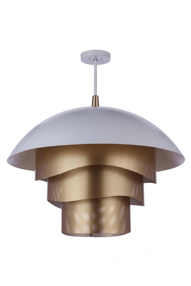 31.25” Dia Sculptural Statement Dome Pendant w/ Perforated Metal Shades in Matte White/Matte Gold