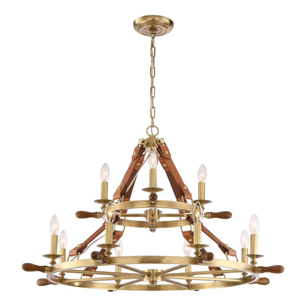 12-Light 38" Nautical 2-Tier Leather & Real Wood Candle Chandelier
