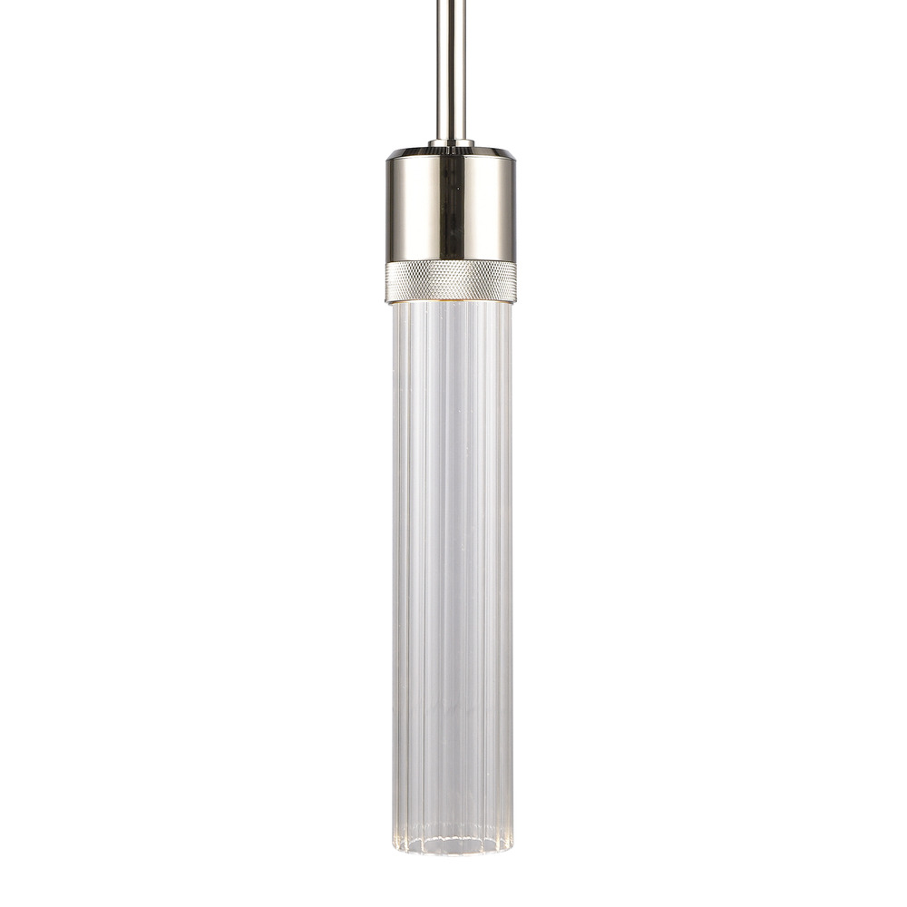 3" LED 3CCT Cylindrical Pendant Light, 12" Fluted Glass and Polished Nickel Finish