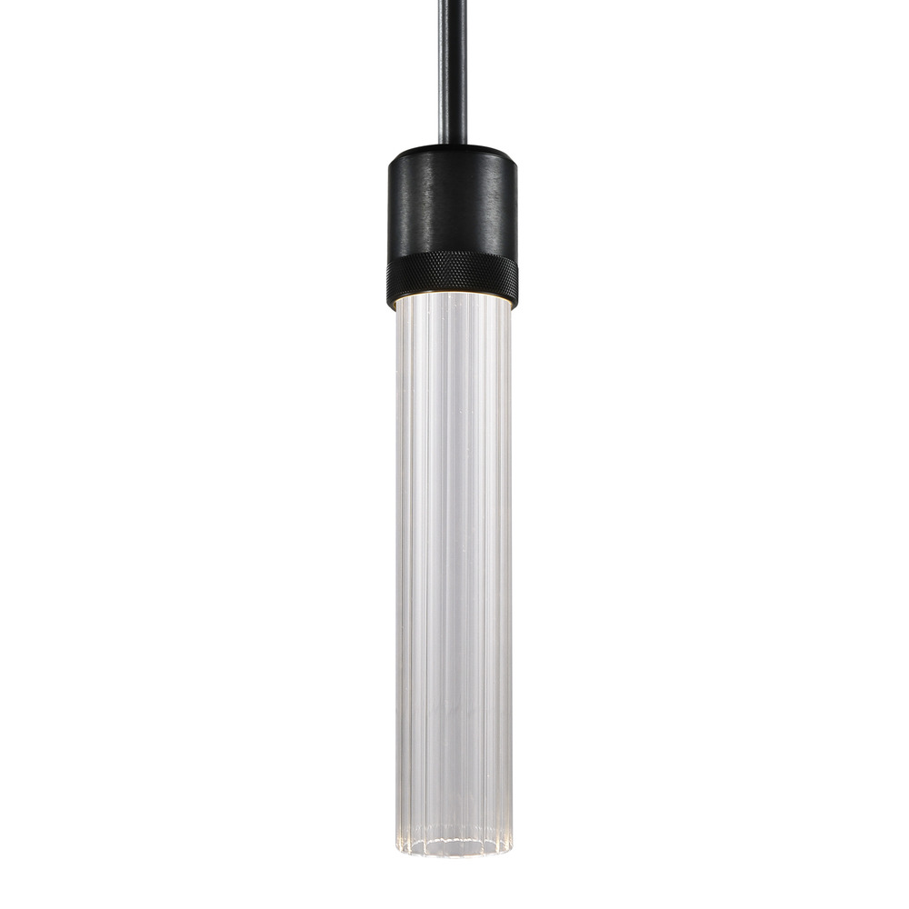 3" LED 3CCT Cylindrical Pendant Light, 12" Fluted Glass and Satin Brushed Black Finish