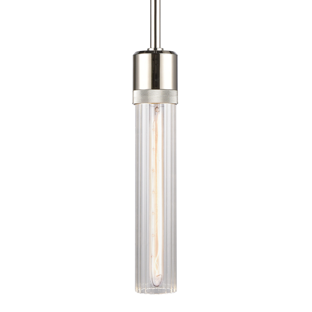 3" E26 Cylindrical Pendant Light, 12" Fluted Glass and Polished Nickel Finish