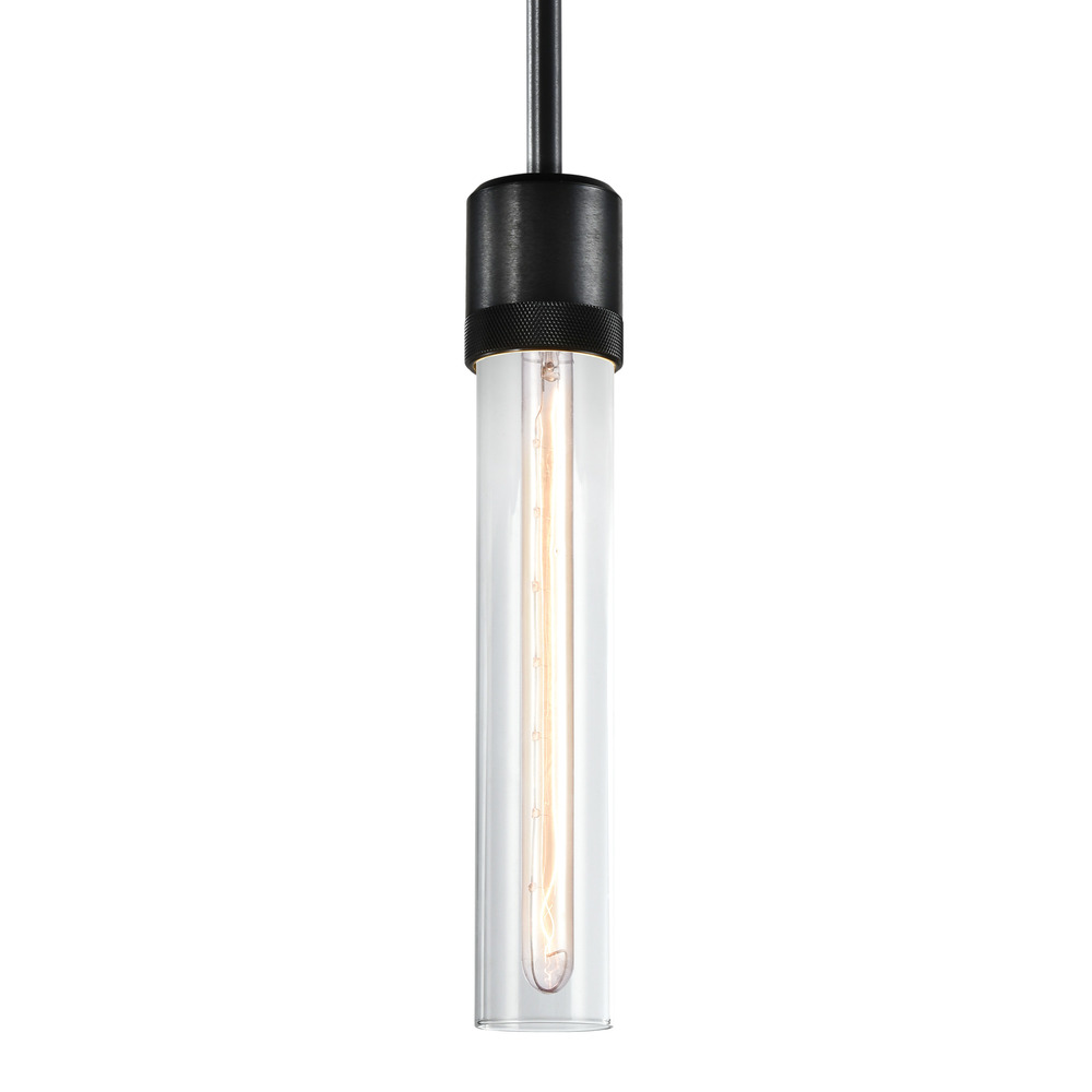 3" E26 Cylindrical Pendant Light, 12" Clear Glass and Satin Brushed Black Finish