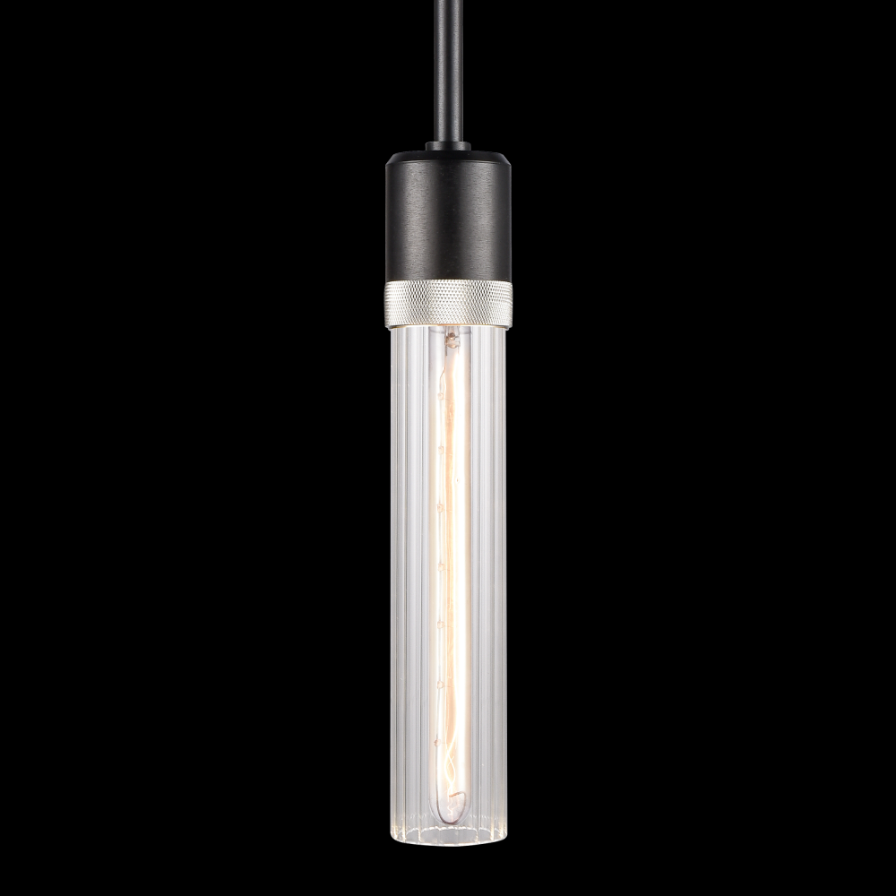 3" E26 Cylindrical Pendant Light, 12" Fluted Glass and Satin Brushed Black with Nickel Finis