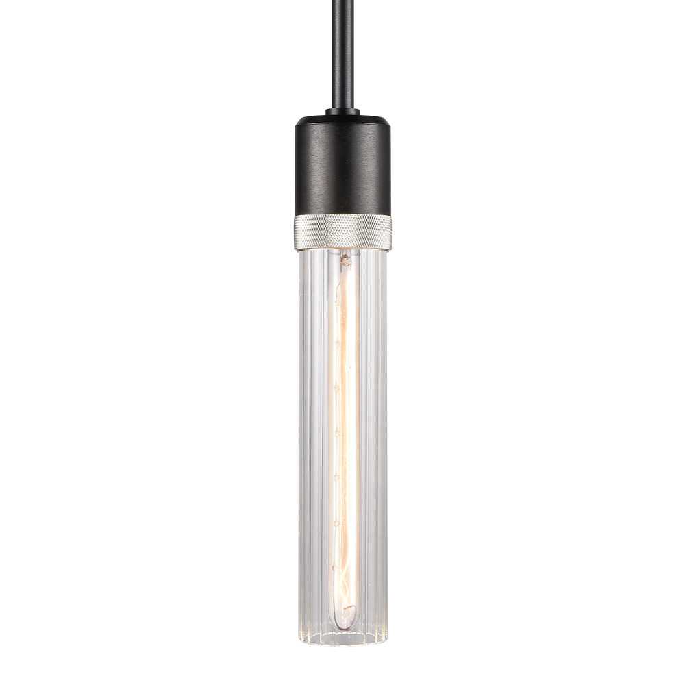 3" E26 Cylindrical Pendant Light, 12" Fluted Glass and Satin Brushed Black with Nickel Finis