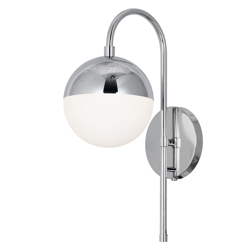 1 Light Halogen Wall Sconce, Polished Chrome with White Glass, Hardwire and Plug-In