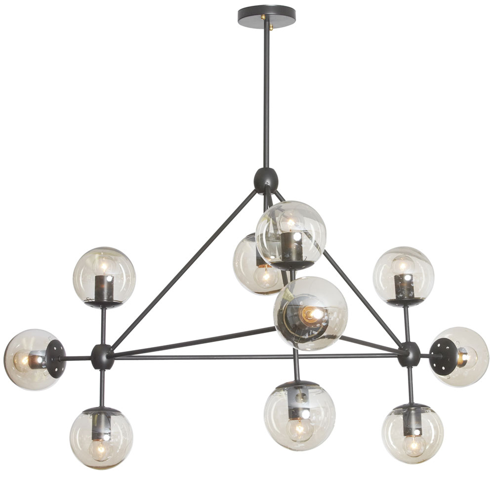 10 Light Triangular Chandelier, Matte Black Finish, Cognac Glass